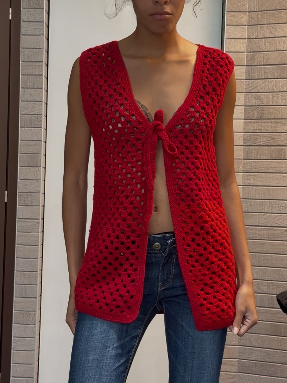 Vibrant Red Crochet Knit Fabric